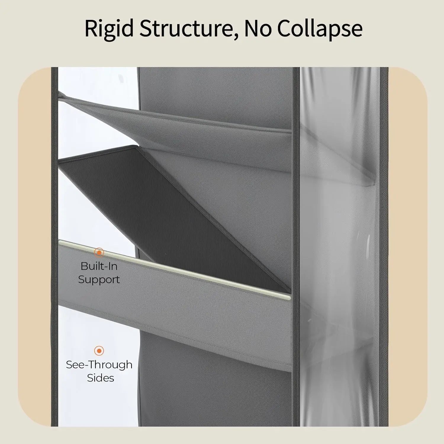 Sturdy metal structure with 'Rigid Structure, No Collapse' text and built-in support feature.