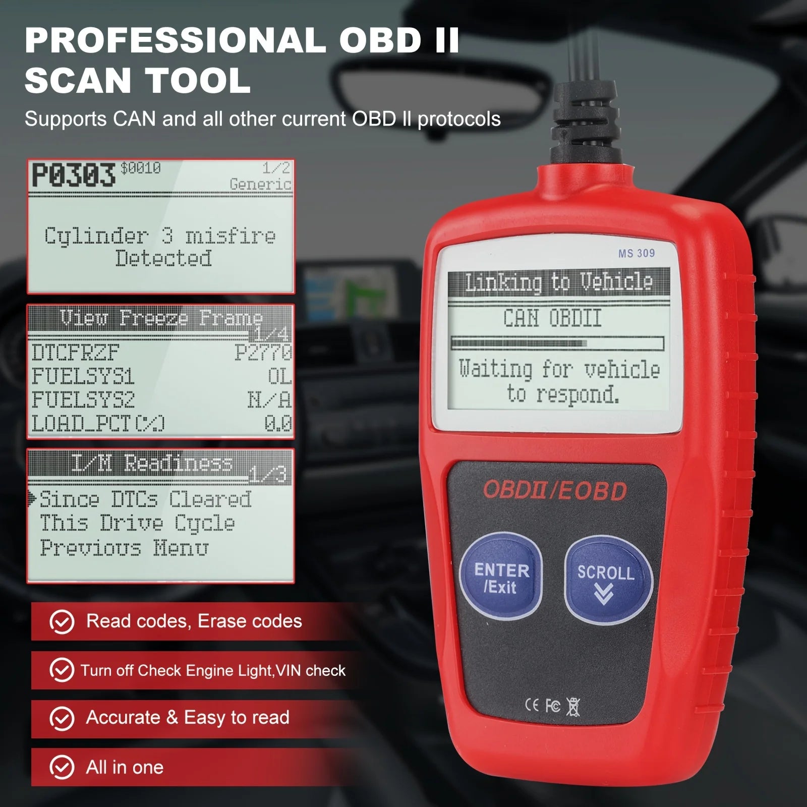 Obd2 Car Diagnostic Tool, Ms309 Obdii Eobd Fault Code Reader, Ecu Diagnostic Tool - with I/M 24000 Check Engine Light Reset Function, No Battery Required, Compact Design, Handheld Device, Car Diagnostics, Vehicle Owners, Auto Peaceful Pleasures Health and Wellness