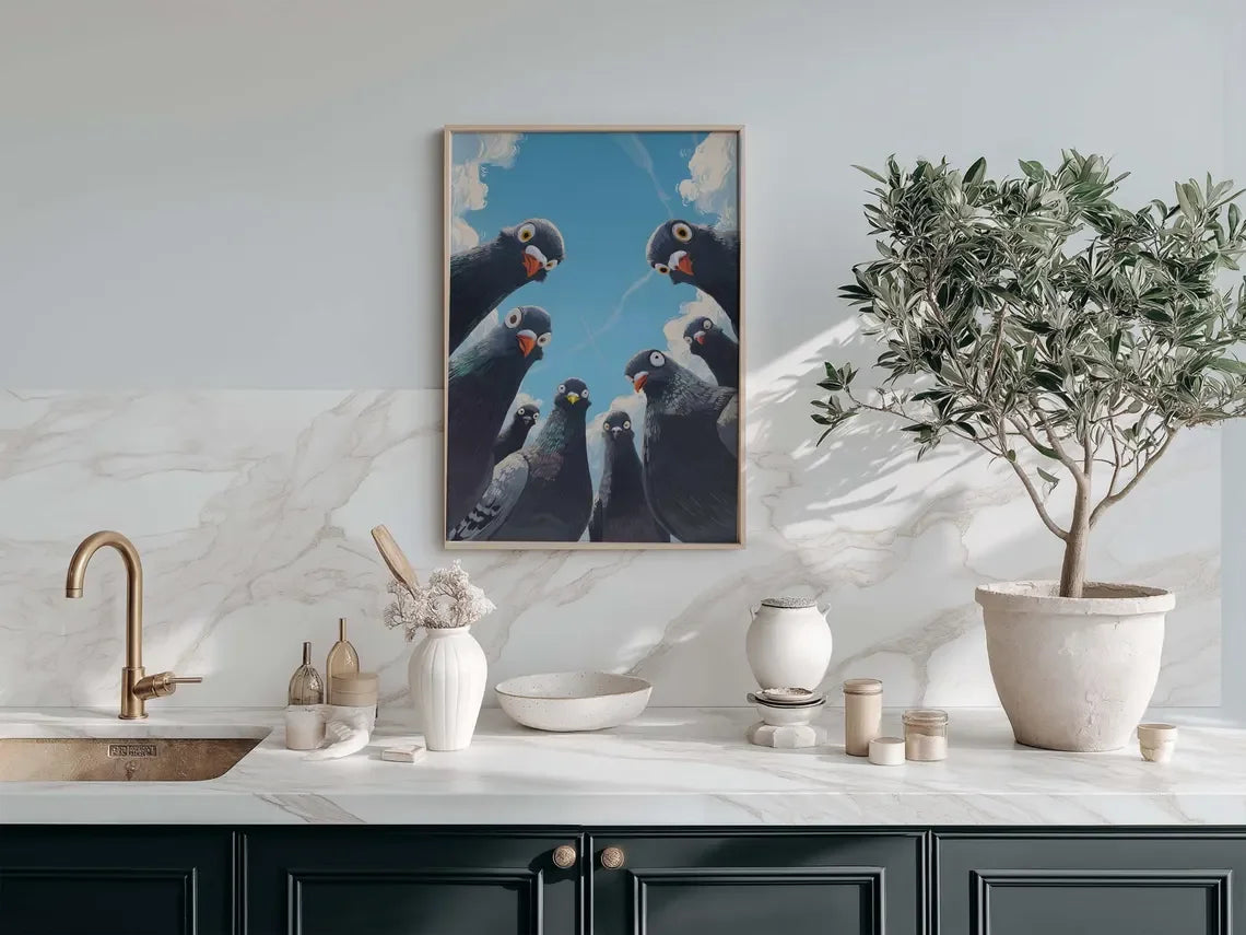 Whimsical Pigeons Art Print, Mid Century Retro Bird Poster, Funny Animal Wall Art, Quirky Home Decor for Kitchen or Living Room Peaceful Pleasures Health and Wellness TR261173-3 20x30cm Unframed