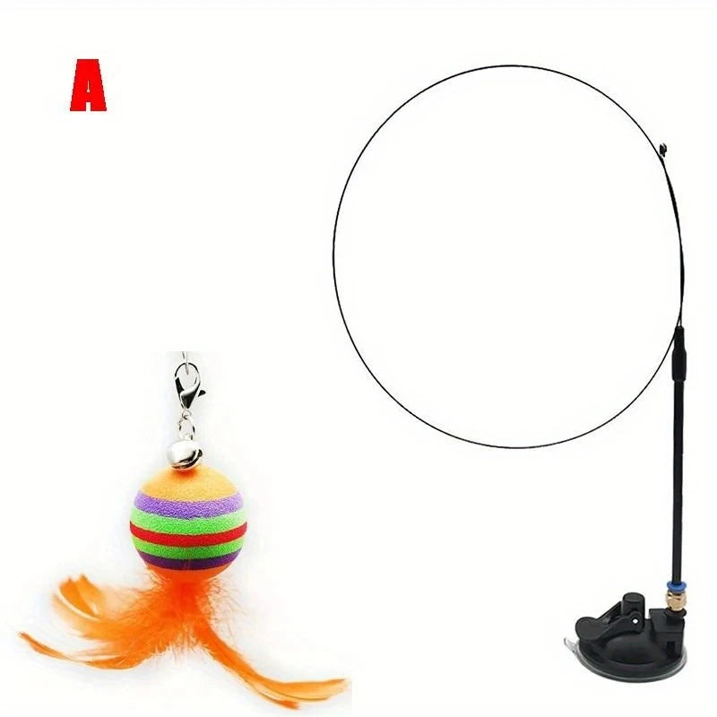 Interactive Cat Feather Wand Toy | Suction Cup & Bells
