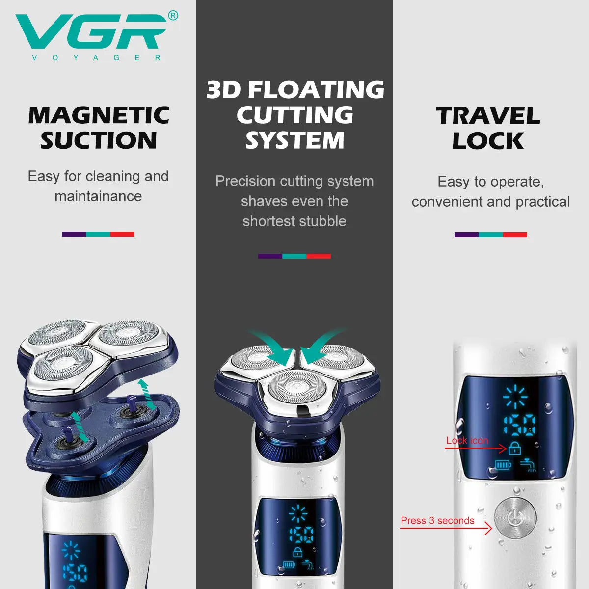 VGR 328 Men's Professional Shaver Metal Floating Three Blade Household Shaver LED Intelligent Digital Hair Trimming Machine Peaceful Pleasures Health and Wellness