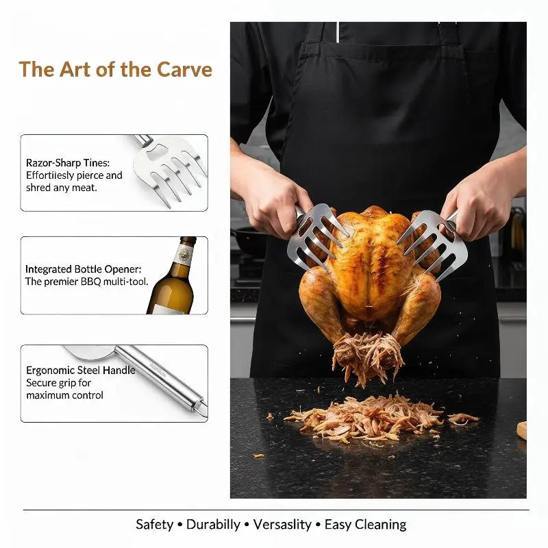 Stainless Steel Meat Shredder Claws & BBQ Fork | Wooden Handle BBQ Meat Shredder Tool Peaceful Pleasures Health and Wellness