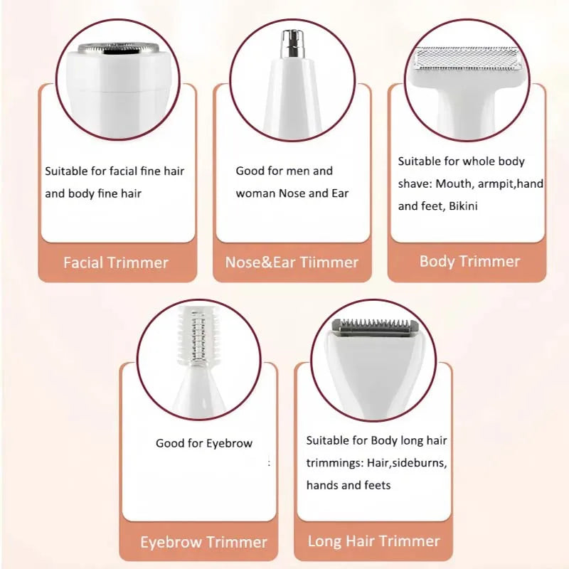 The New Professional Rechargeable Ladies Waterproof IPX5 Portable Electric 5-in-1 Body and Facial Hair Remover Peaceful Pleasures Health and Wellness