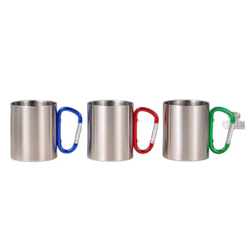 Hot 300ml Camping Travel 201 Stainless Steel Cup Carabiner Hook Handle Picnic Water Mug Outdoor Travel Hike Cup Portable Mug Peaceful Pleasures Health and Wellness