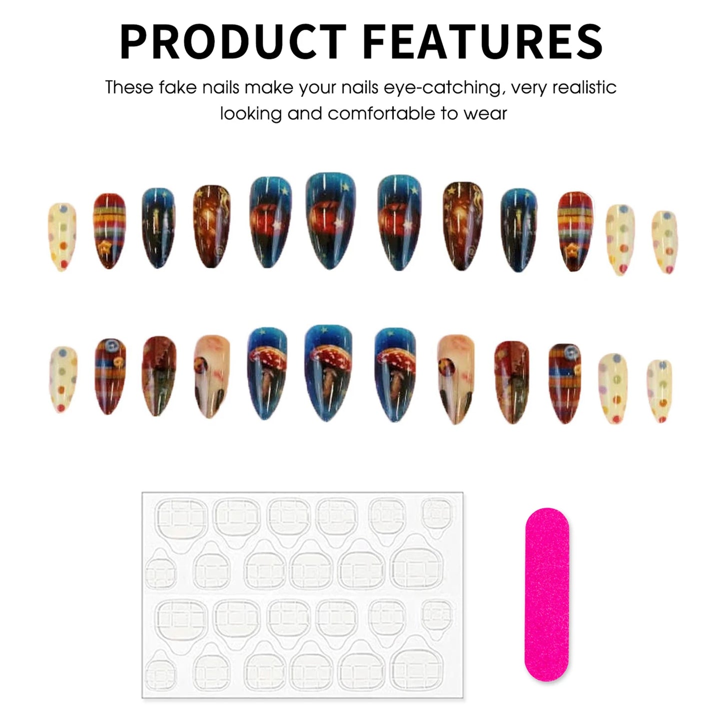 24pc Almond Press On Nails | Sky Graffiti Plaid Design