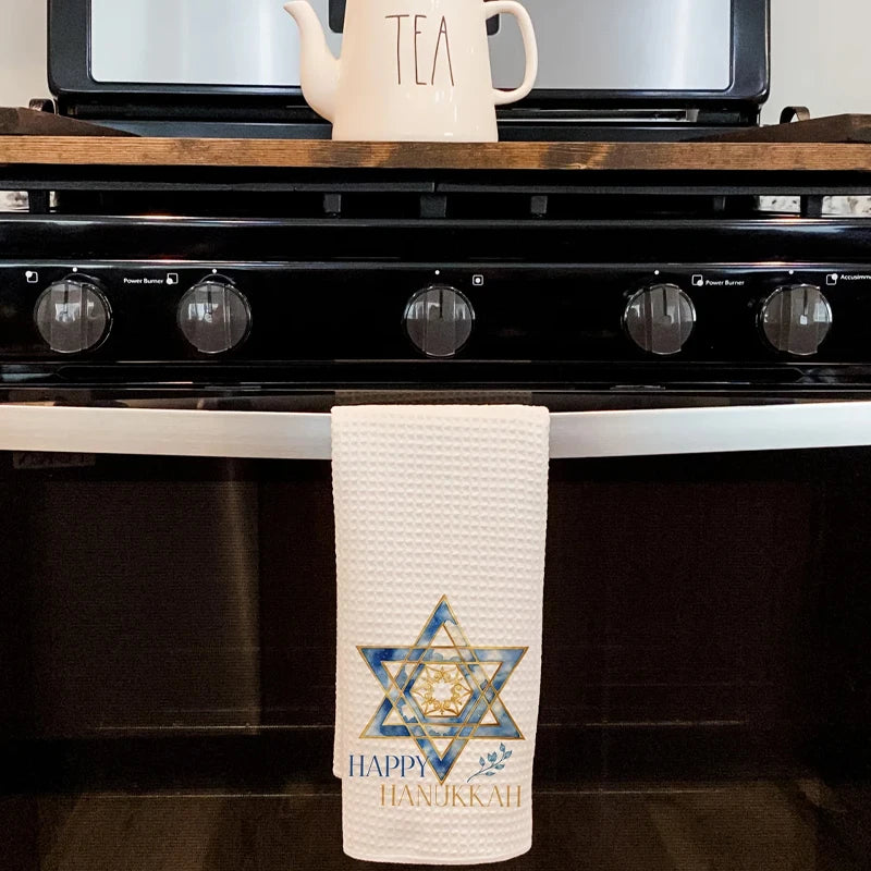Happy Hanukkah Waffle Tea Towel | Chanukah Kitchen Decor Gift Holiday Tea Towel Peaceful Pleasures Health and Wellness