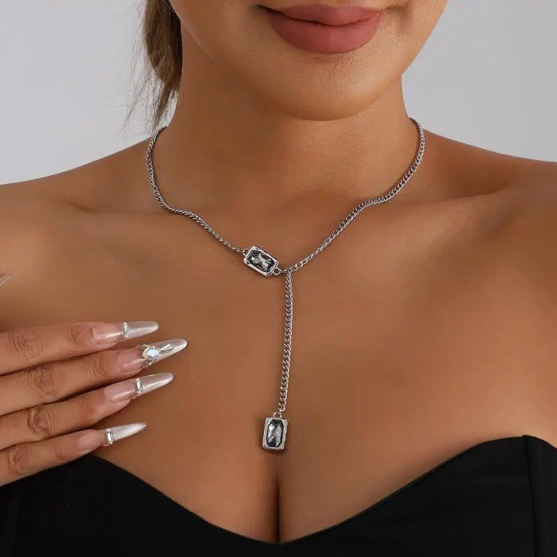 Y-Shape Layering Necklace | Black Square Rhinestone Pendant
