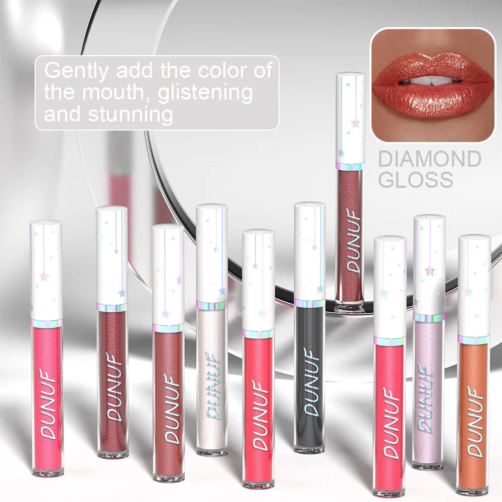 12-Color Metallic Glitter Lip Gloss | Diamond Pearlescent Lip Glaze