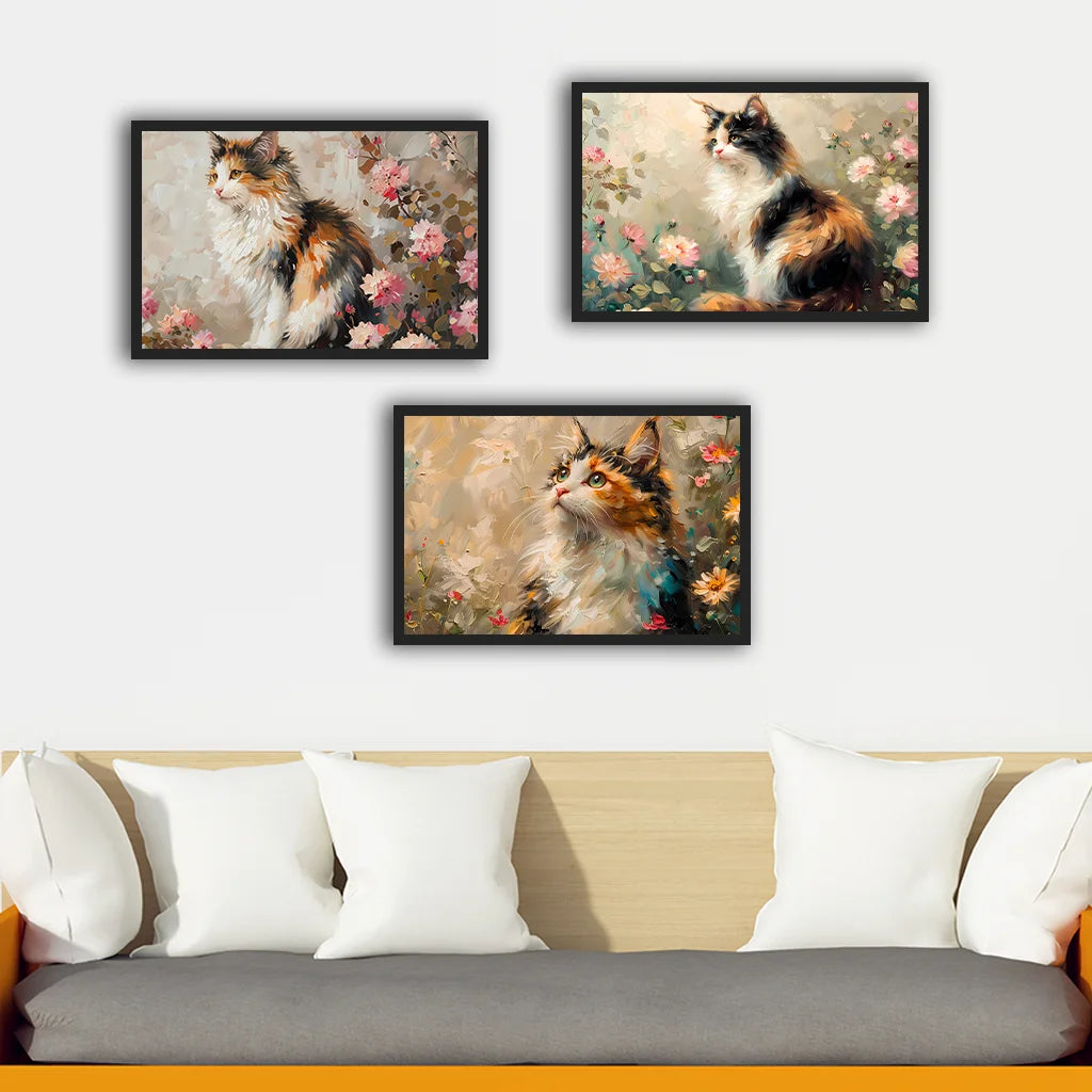 Vintage Animal Wall Art, Flower Cat Oil Canvas Painting, Nordic Poster Print for Bedroom Living Room Wall Decor Peaceful Pleasures Health and Wellness