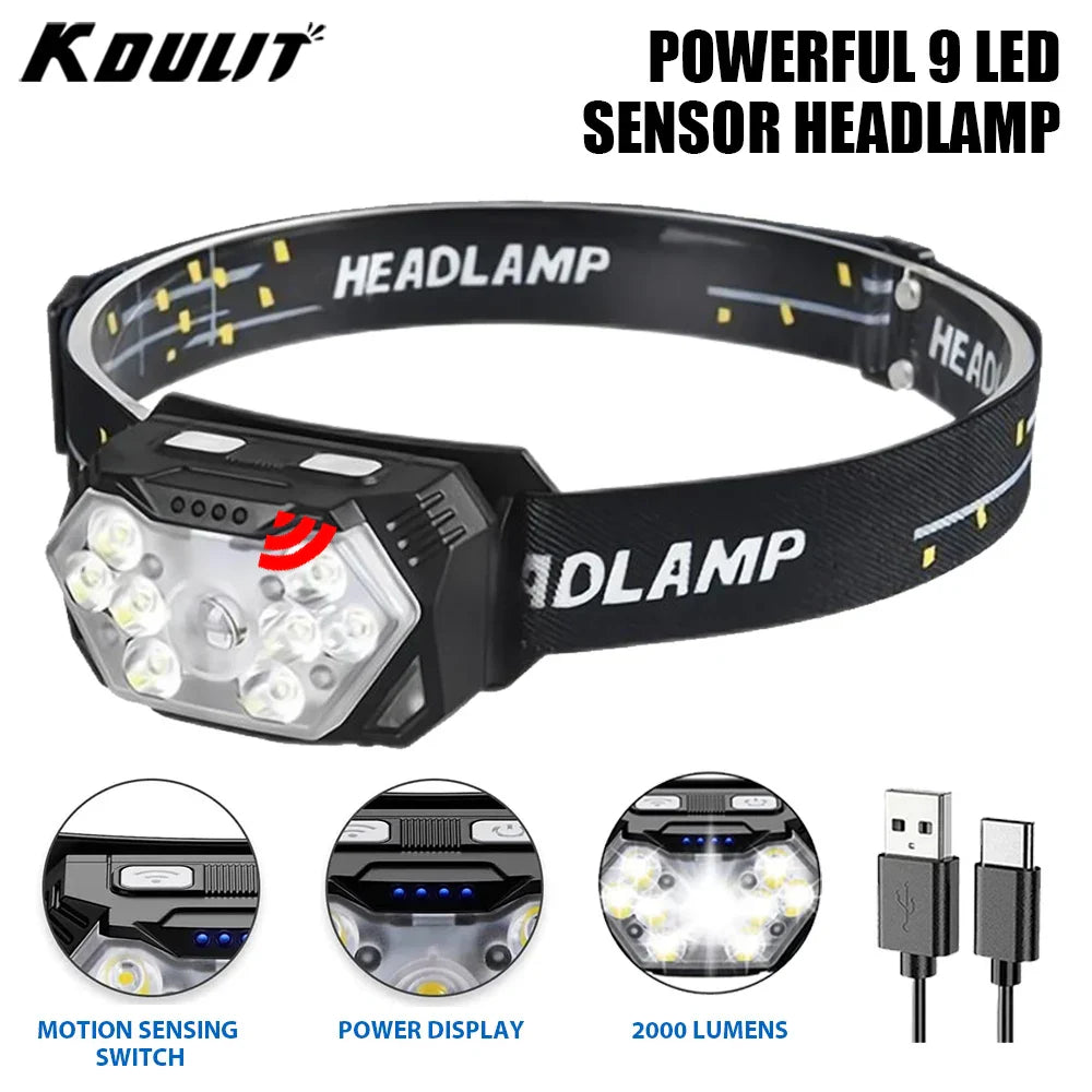 KDULIT 2000 Lumen LED Headlamp – USB Rechargeable Head Torch