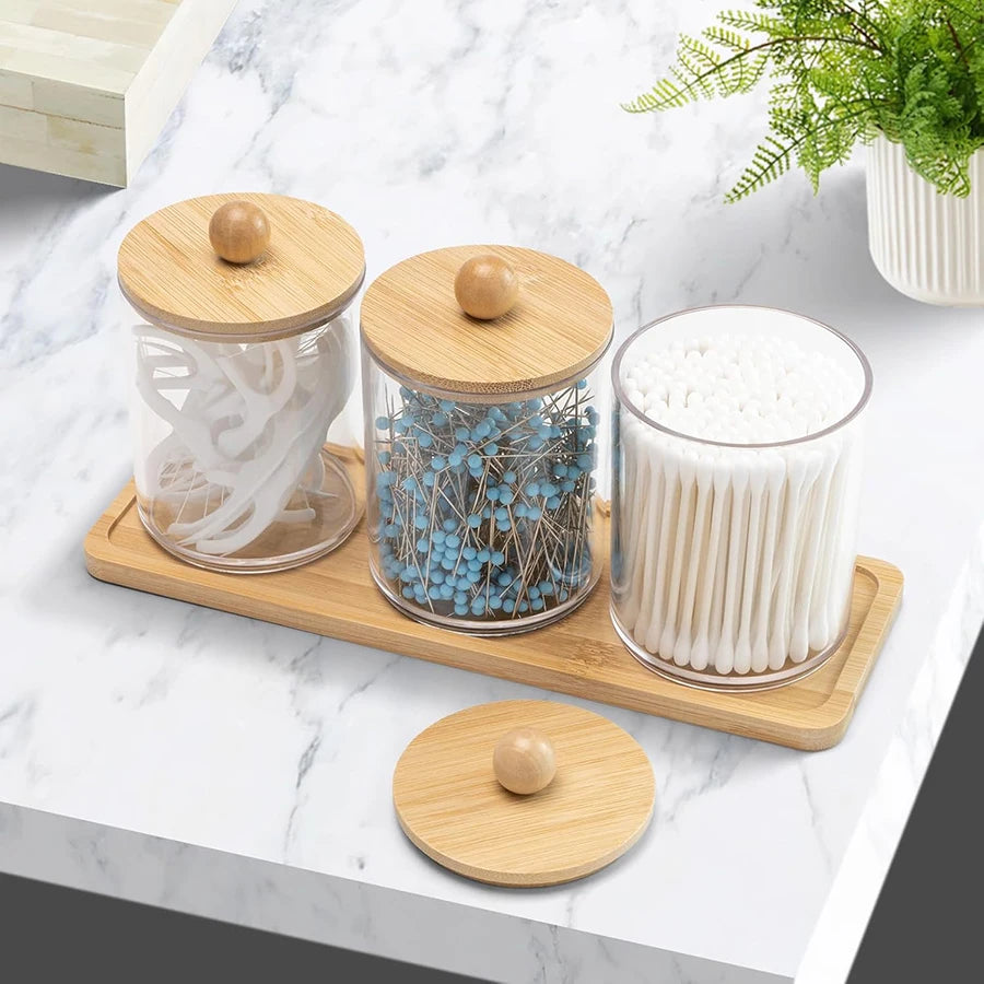 Clear Apothecary Qtip & Cotton Ball Holder with Vanity Tray – 10 oz Bathroom Organizer