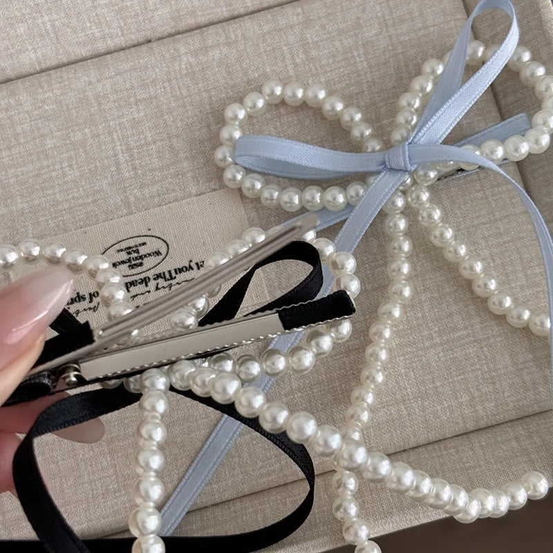Fairy Ribbon Bow Pearl Hairpin for The Back of The Head New Girlish Heart Side Clip New Simplicity Fresh and Sweet Duckbill Clip Peaceful Pleasures Health and Wellness
