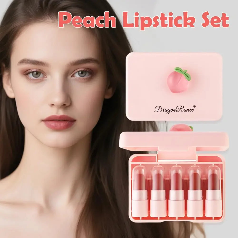 5Pcs Mini Lip Gloss Lipstick Makeup Gift Peach Lipstick Lip Tint Set Cute Matte Lipsticks Waterproof Long-lasting Non Stick Cup Peaceful Pleasures Health and Wellness