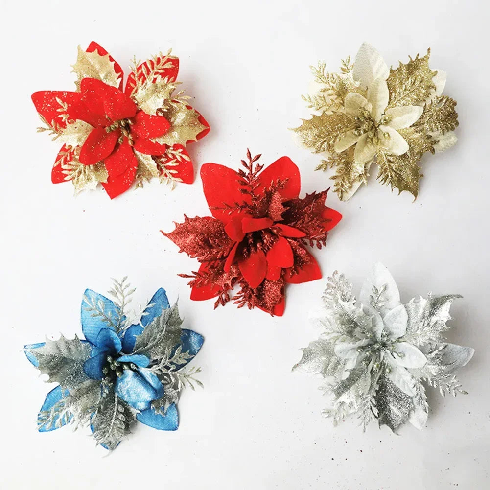 Christmas Glitter Poinsettia Flower Ornament | Xmas Tree Decor