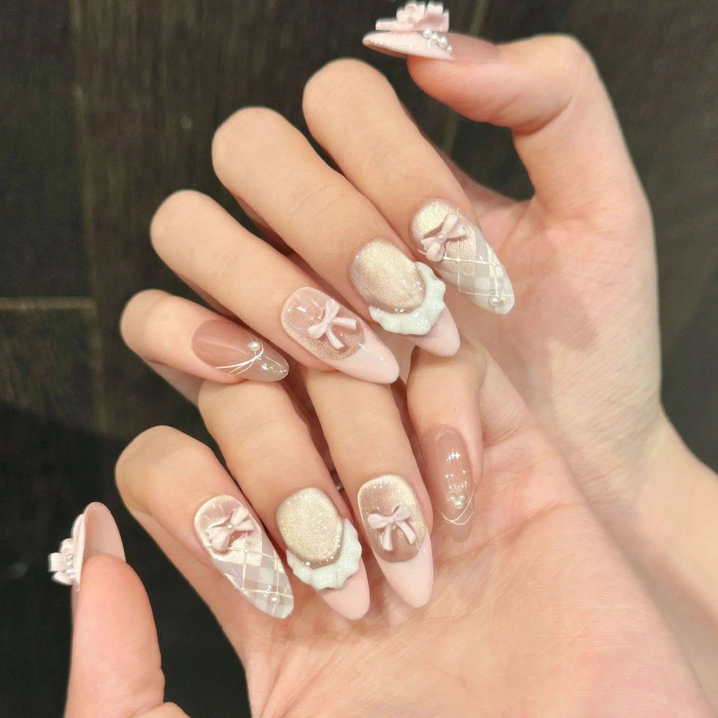 10pcs Handmade Press on Nails French Cat Eye Pink Bow Decor Korean False Nails Wearable Full Cover Ins Almond False Nail Tips Peaceful Pleasures Health and Wellness