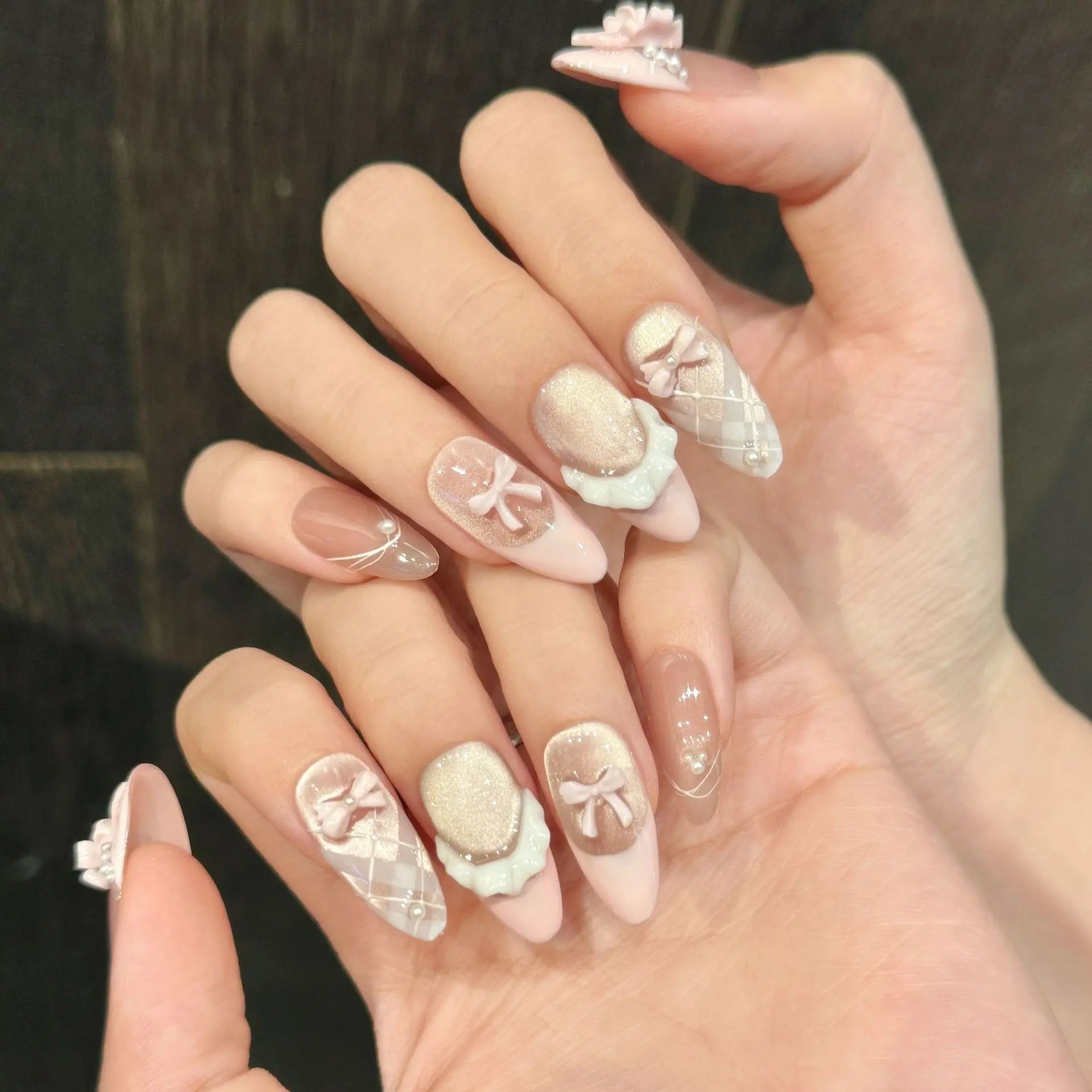 10pcs Handmade Korean Press on Nails Glitter Pink Flowers Decor Fake Nails Wedding Lady Wearable French Cat Eye False Nail Tips Peaceful Pleasures Health and Wellness