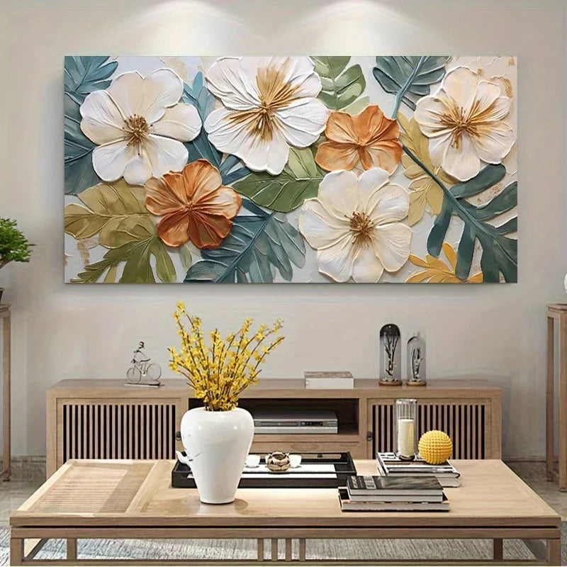 Large Modern Abstract Floral Canvas Wall Art - Frameless Flower Print White, Orange Green for Living Room, Aesthetic Room Decor Peaceful Pleasures Health and Wellness