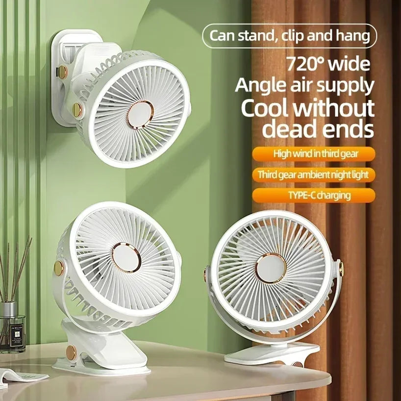 8000mAh Rechargeable Camping Fan with LED Light & Clip-On