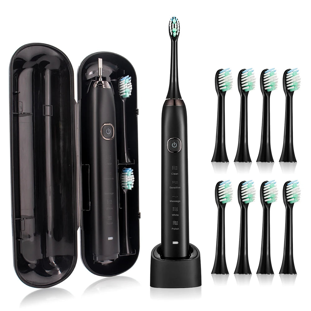 HOMEFISH Smart Sonic Electric Toothbrush Ultrasound IPX7 Rechargeable Tooth Brush 5 Mode Smart Time Teethbrush S100 Peaceful Pleasures Health and Wellness Black 8 Heads