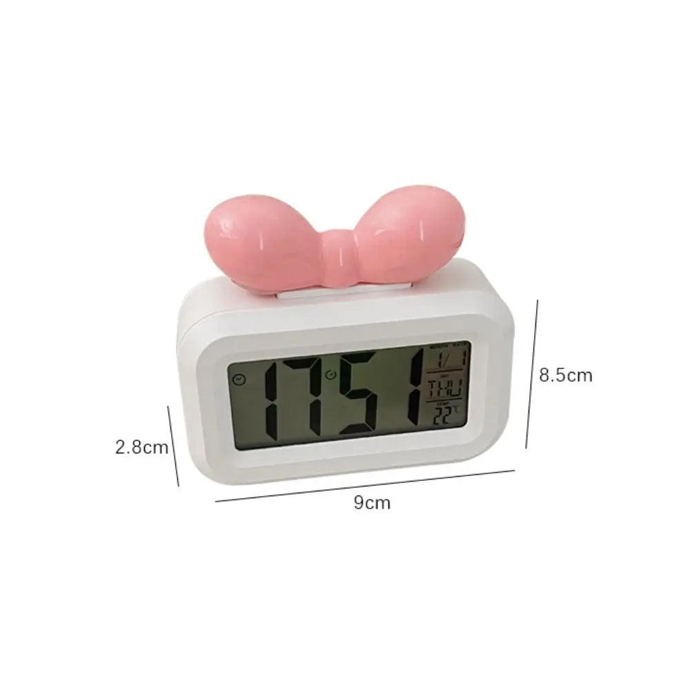 Cute Bowknot LED Digital Clock Temperature Detection Mini Alarm Clock with Night Light Gift Desktop Clock Bedside Decoration Peaceful Pleasures Health and Wellness