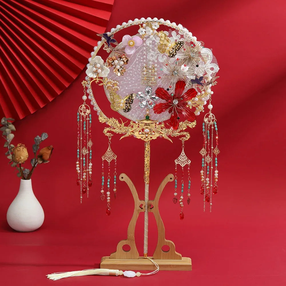 Handmade Chinese Bridal Fan – Silk Tassel & Flower Wedding Fan