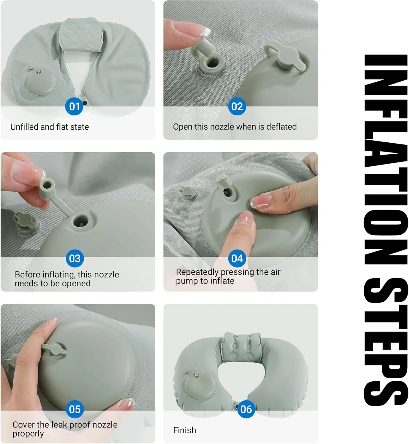 Step-by-step guide on how to inflate a gray inflatable product with text labels.