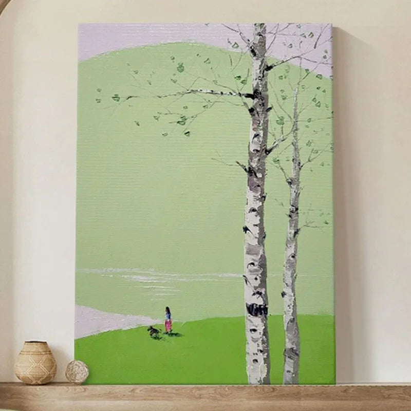 Abstract Mountain Peak Scenery Living Room Modern Minimalist White Birch Tree Decoration Painting Green Picture Entrance Room Peaceful Pleasures Health and Wellness