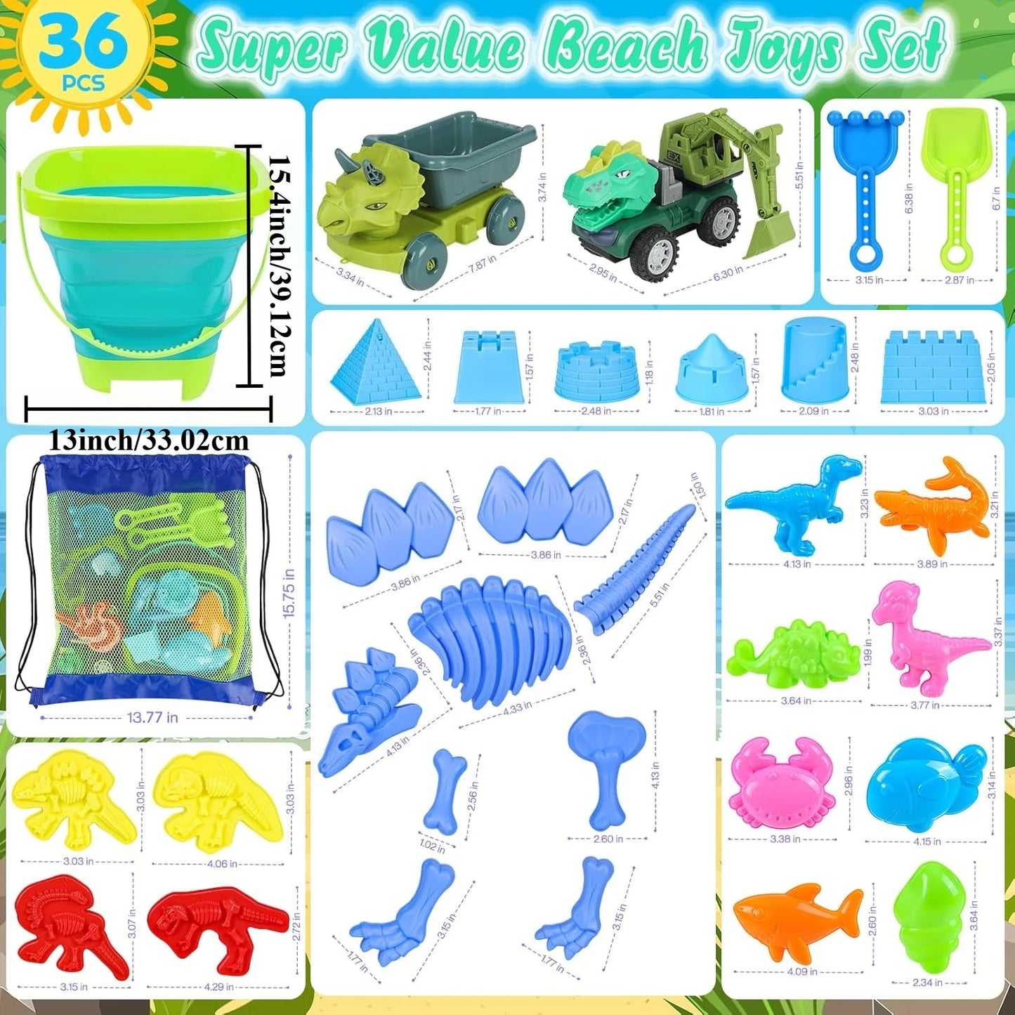 Dinosaur Beach Sand Toys Set for Kids – Bucket, Truck & Molds