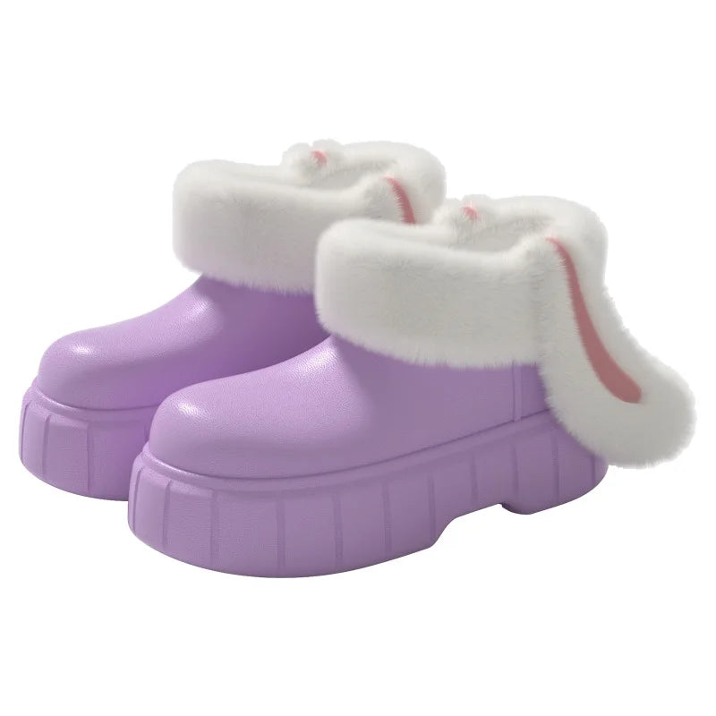 New EVA Removable Washable Rabbit Ear Cotton Shoes with Plush Waterproof Cotton Slippers for Women's Winter Outerwear Thick Sole Peaceful Pleasures Health and Wellness 36-37 PURPLE