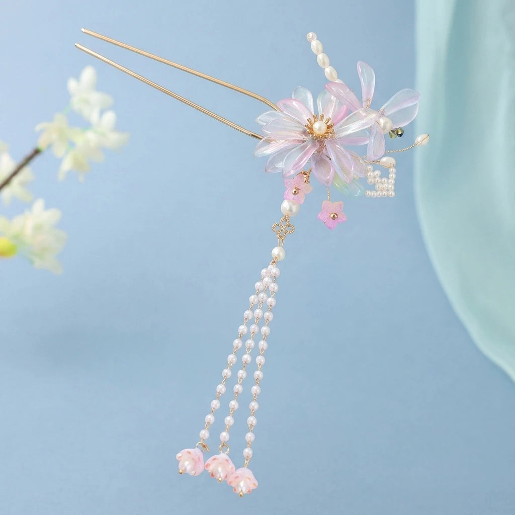 New Chinese Style Flower Tassel Hairpin for Women Alloy Metal Traditional Hanfu Hair Accessory with Secure Base Suitable for Peaceful Pleasures Health and Wellness
