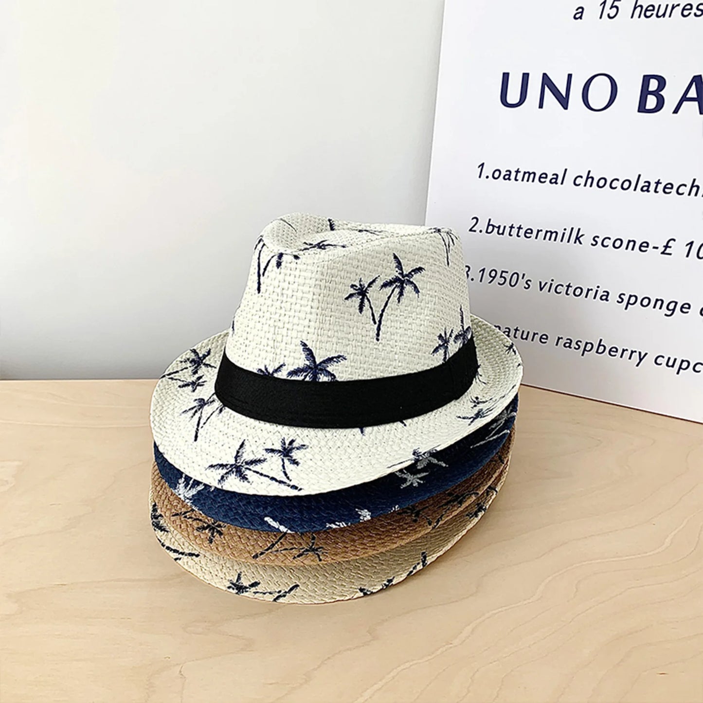 Summer Beach Woven Sun Hats Men Women Coconut tree print Jazz Sun Protection Travel Outdoor Panaman Straw Hats Unisex Peaceful Pleasures Health and Wellness