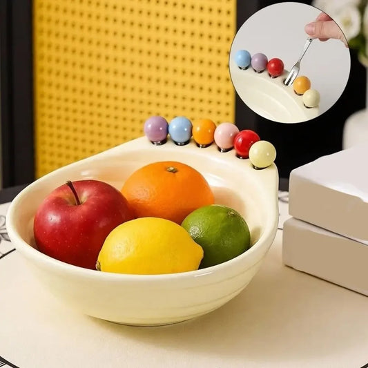 Decoration Fruit Bowl with Fork Large Capacity Geometric Pattern Fruit Serving Plate With Fruit Fork ABS Snack Plate Peaceful Pleasures Health and Wellness
