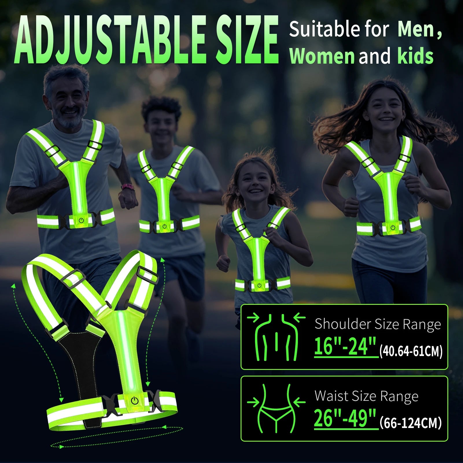 LED Night Running Vest Reflective Cycling Walking Highlight Security Vests USB Rechargeable Safety Straps for Kids Adults Biking Peaceful Pleasures Health and Wellness