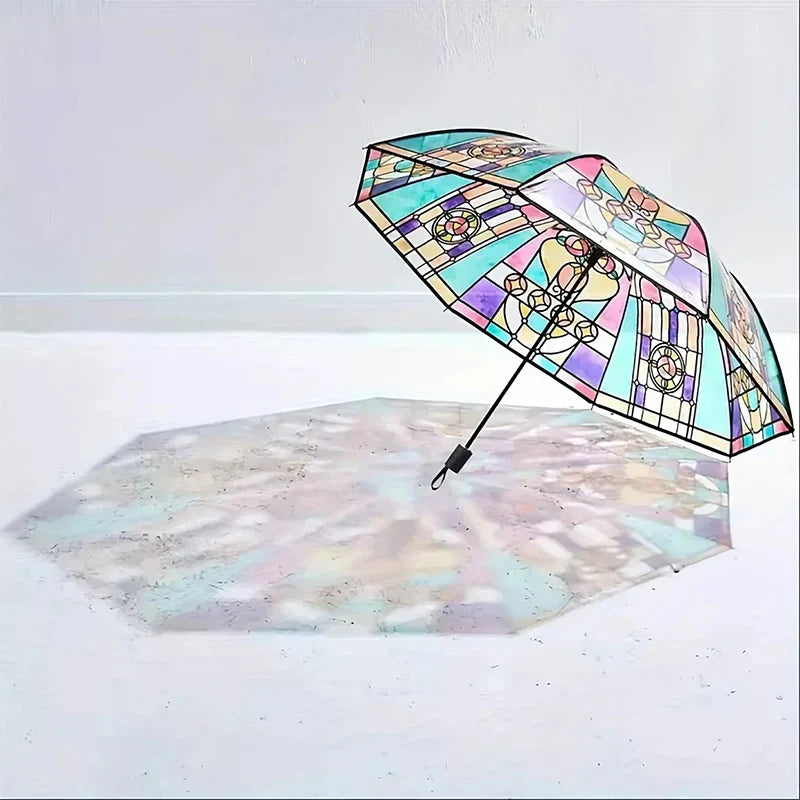 Stained Glass Transparent Folding Umbrella – Sun & Rain Use