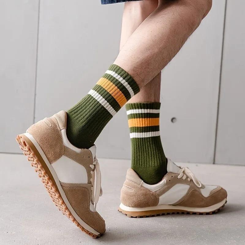 5 Pairs Men's Colorful Striped Casual Socks, Fashionable Sports Socks, Sweat Absorbing And Breathable, Suitable For All Seasons Peaceful Pleasures Health and Wellness