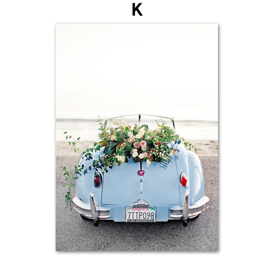 Nordic Retro Canvas Wall Art | Cars, Bikes & Flowers Poster