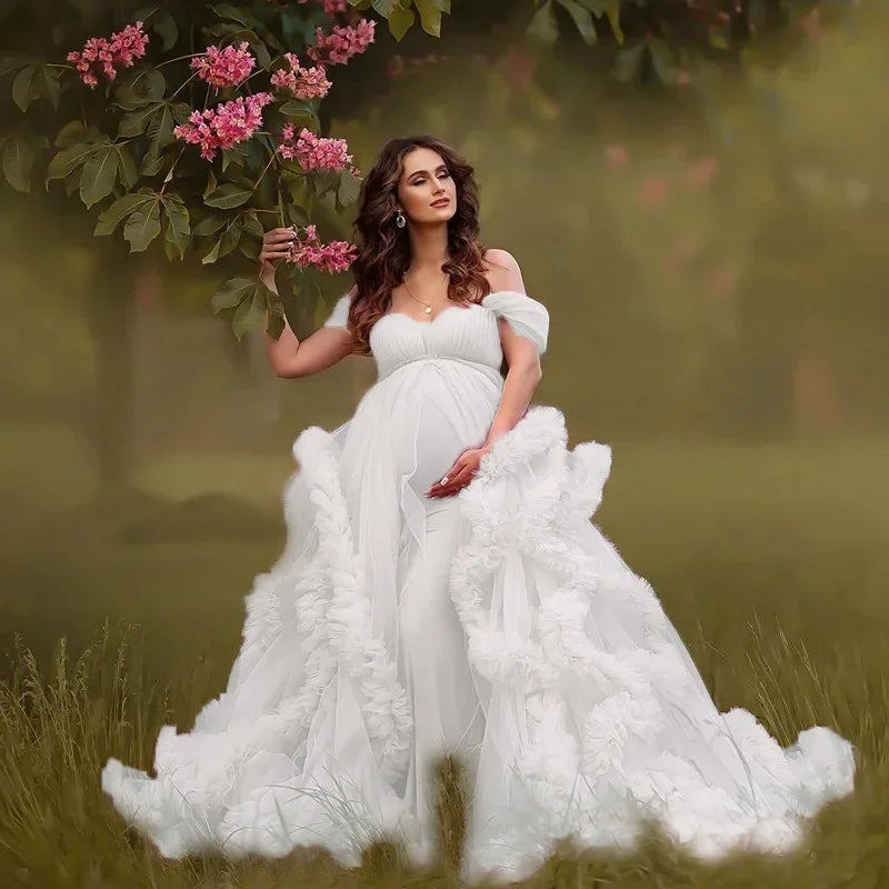 Fluffy White Tulle Maternity Robes for Photo Shoot Off Shoulder Tiered Ruffles Pregnant Women Dress Sexy Babyshower Gown Peaceful Pleasures Health and Wellness WHITE US 16 China Mainland