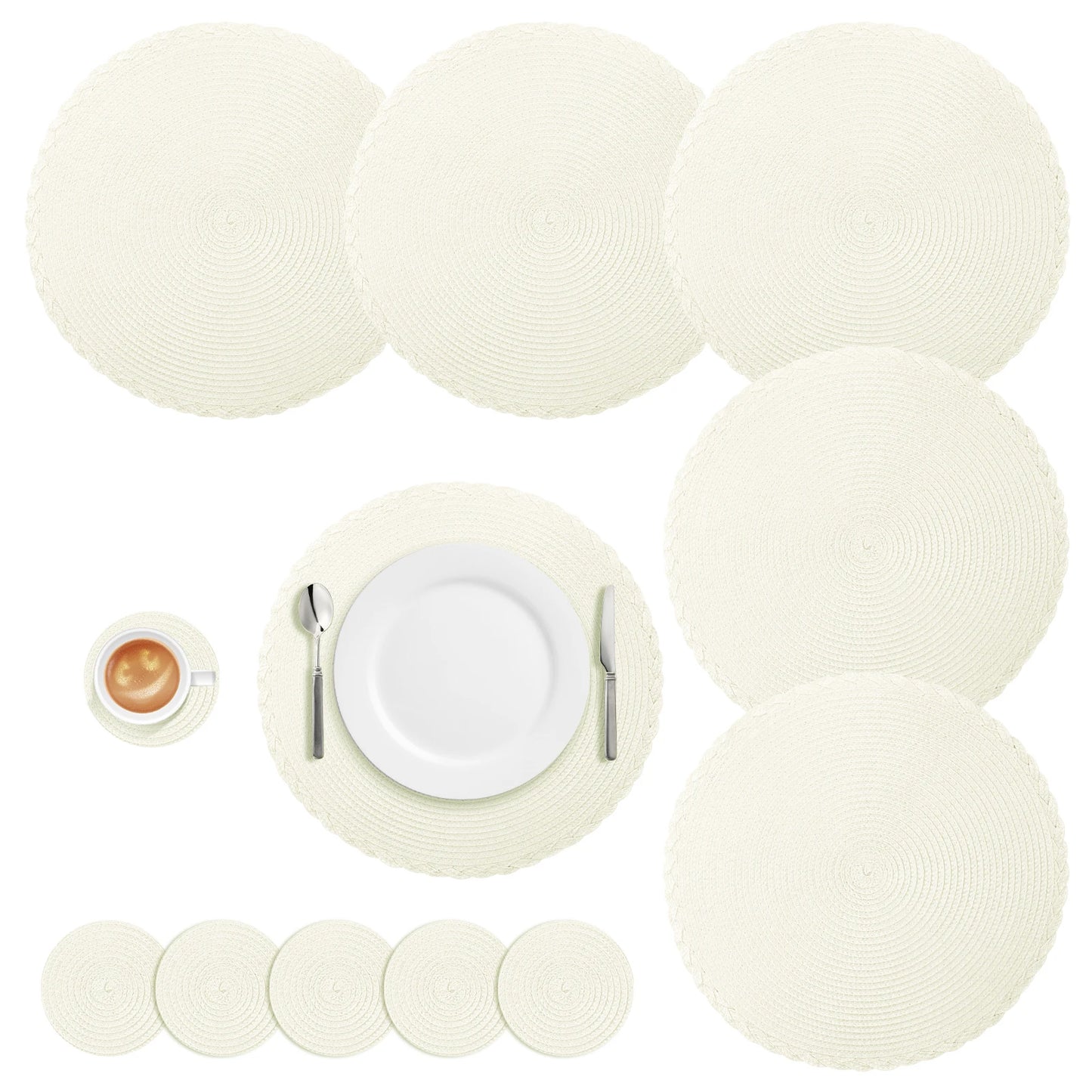 Set of 6 Round Braided Table Mat Washable Placemats Non Slip Heat Resistant for Kitchen Dining Tables Pad With 6Pc Cup Coasters Peaceful Pleasures Health and Wellness PP 33.5cm Beige 6 Mats 6 Coaster