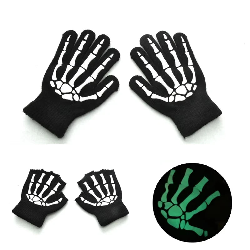 Kids Halloween Skeleton Fingerless Gloves | Glow Skull Ages 5–11