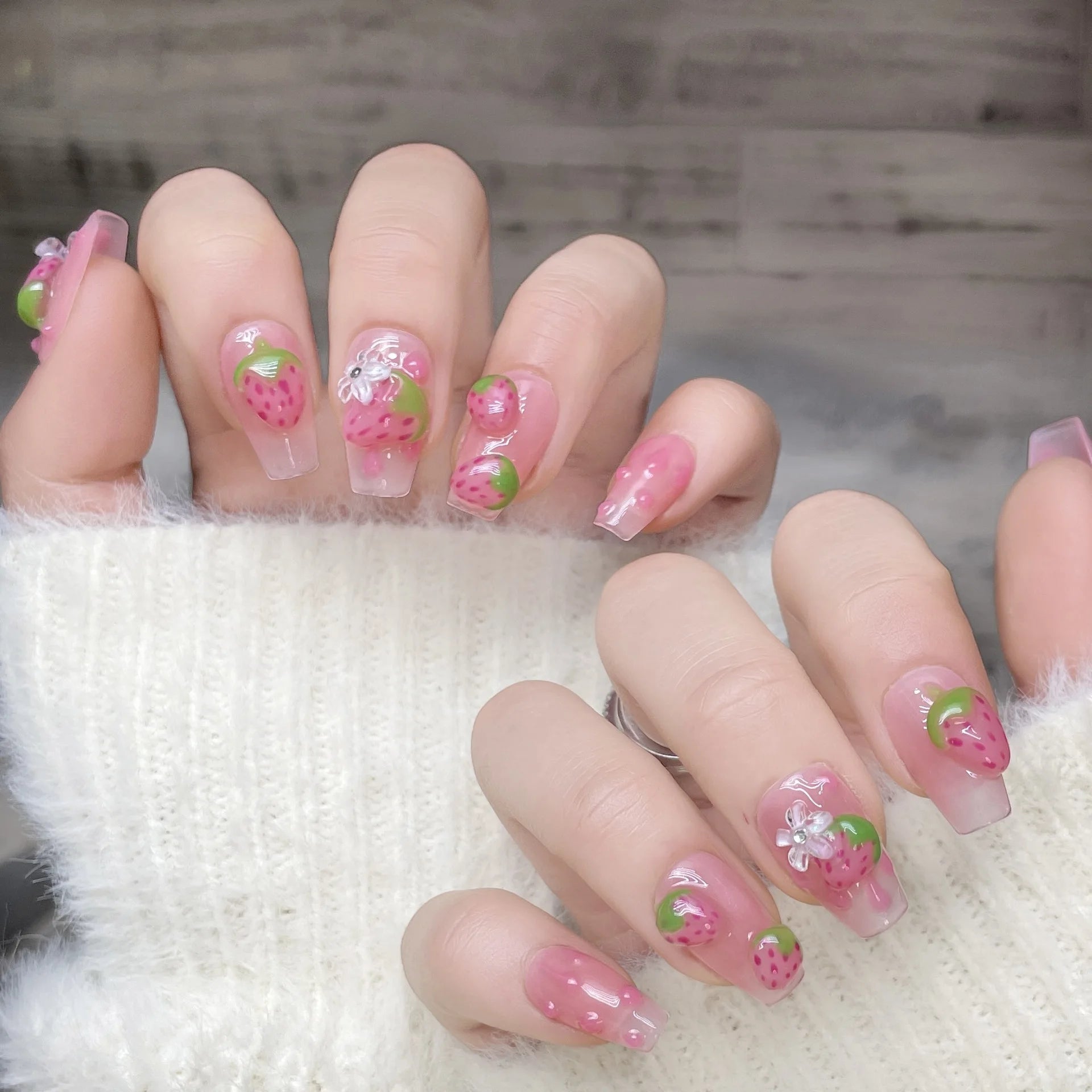 3D Strawberry Press-On Nails | Korean Style Cute Fake Nails Press-On Nails Peaceful Pleasures Health and Wellness