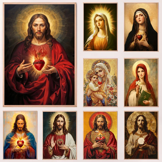 Sacred Heart Jesus & Virgin Mary Canvas Wall Art | Religious Print Religious Canvas Print Peaceful Pleasures Health and Wellness