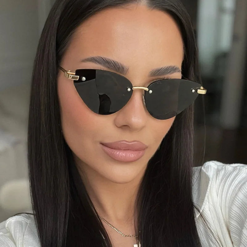 Retro Rimless Oval Cat Eye Sunglasses UV400 | Unisex Punk Shades