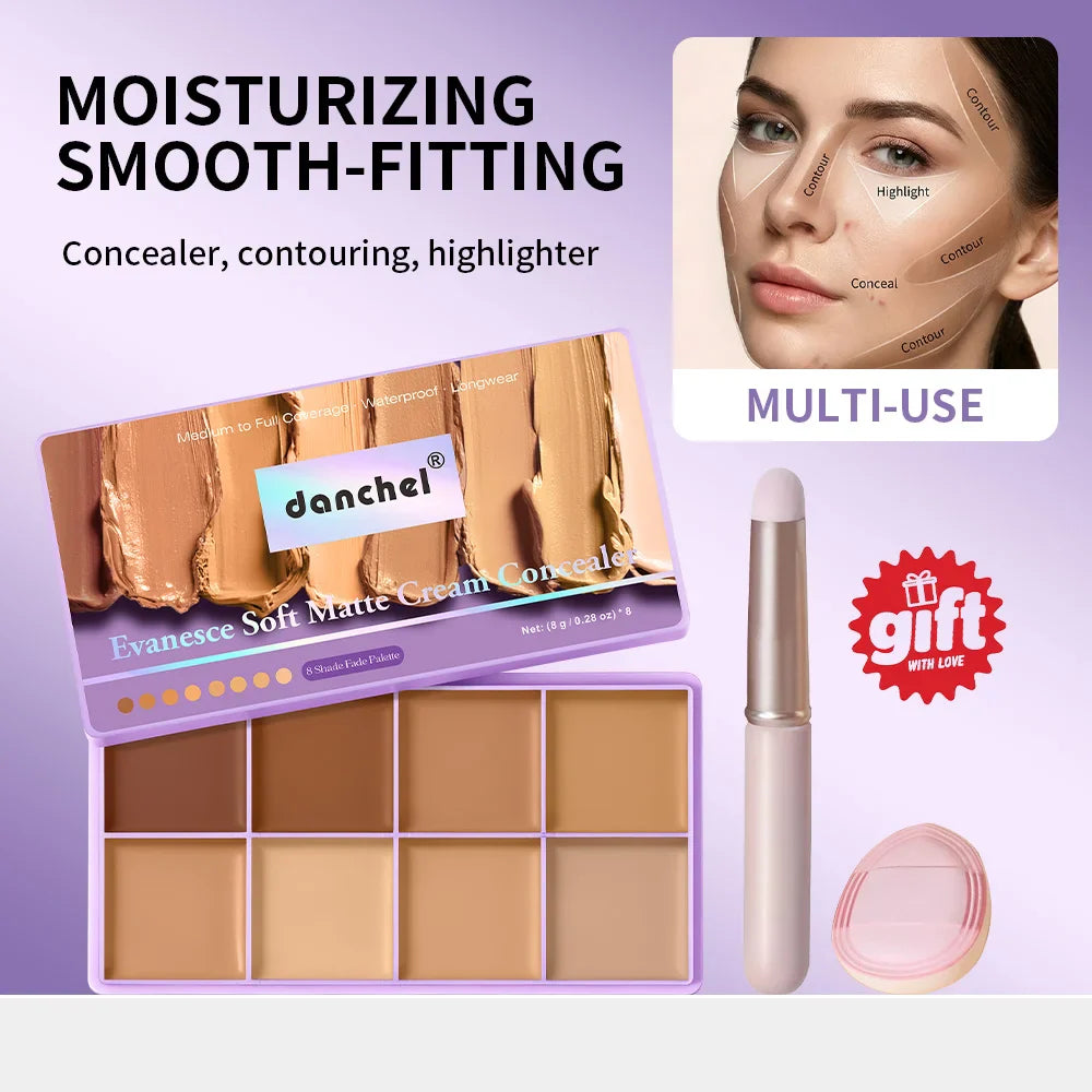 8-Shade Cream Concealer Palette with Brush & Puff | Full Coverage