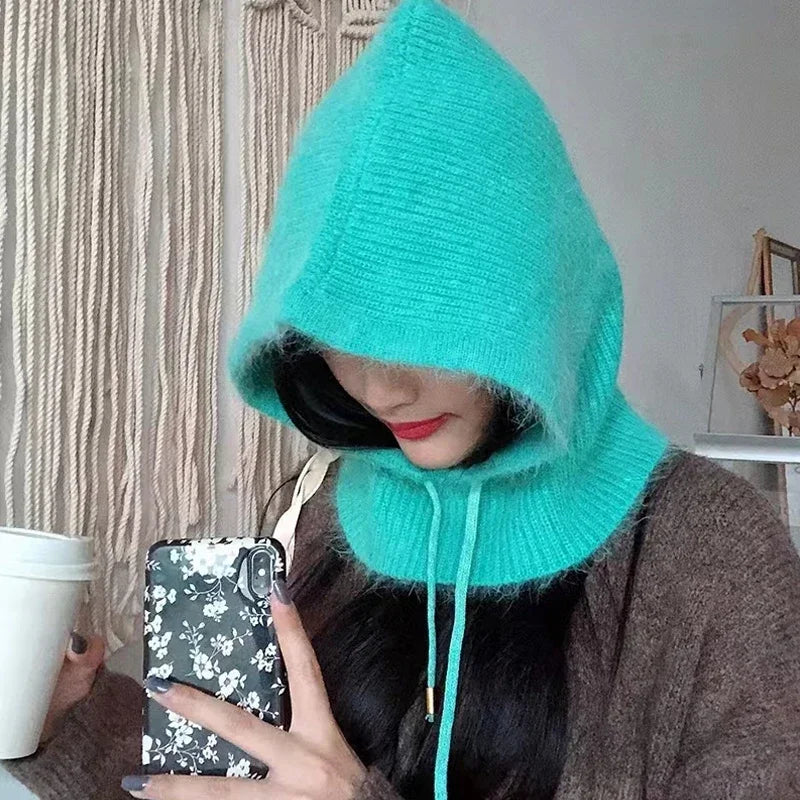 Women's Rabbit Fur Knitted Beanie Hood Hat | Winter Balaclava