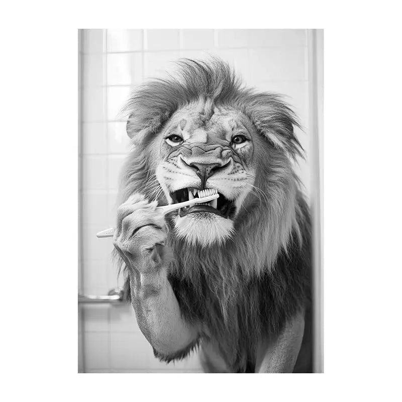Funny Bathroom Animal Canvas Wall Art | Vintage Brushing Teeth