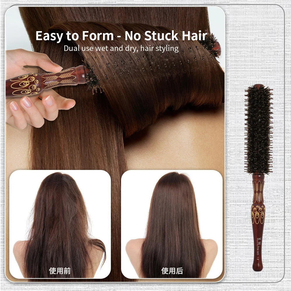 Wooden Round Hair Brush – Anti-Static Boar Bristle Styling Tool