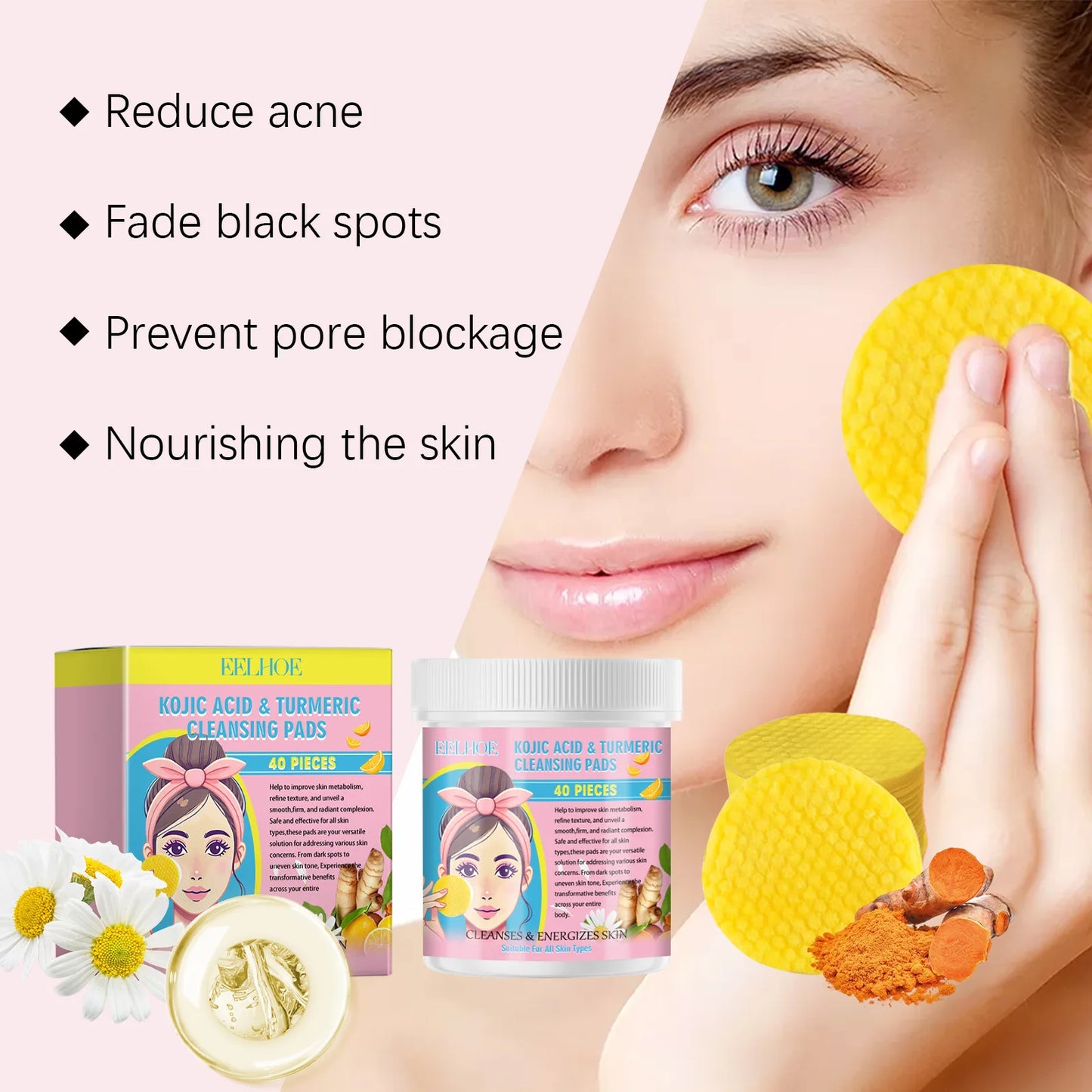 EELHOE Turmeric Kojic Acid Cleansing Pads 40pc | Brightening