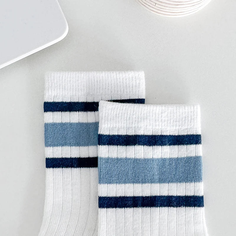 Four pairs of children's socks for spring and autumn, striped versatile style, mid-calf socks with a school style. Peaceful Pleasures Health and Wellness