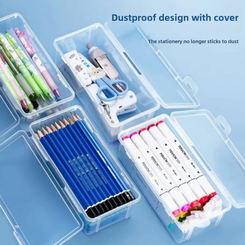 2Pcs Transparent Dustproof Waterproof PP Plastic Pencil Organizer Portable Stationery Storage Box for Students & Office Workers Peaceful Pleasures Health and Wellness