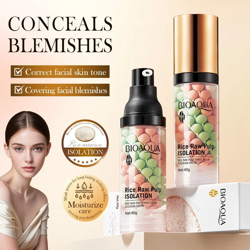 Rice Raw Pulp Three Color Isolation Cream Makeup Primer Moisturizing Brighten Correcting Foundation Natural Makeup Primer Cream Peaceful Pleasures Health and Wellness